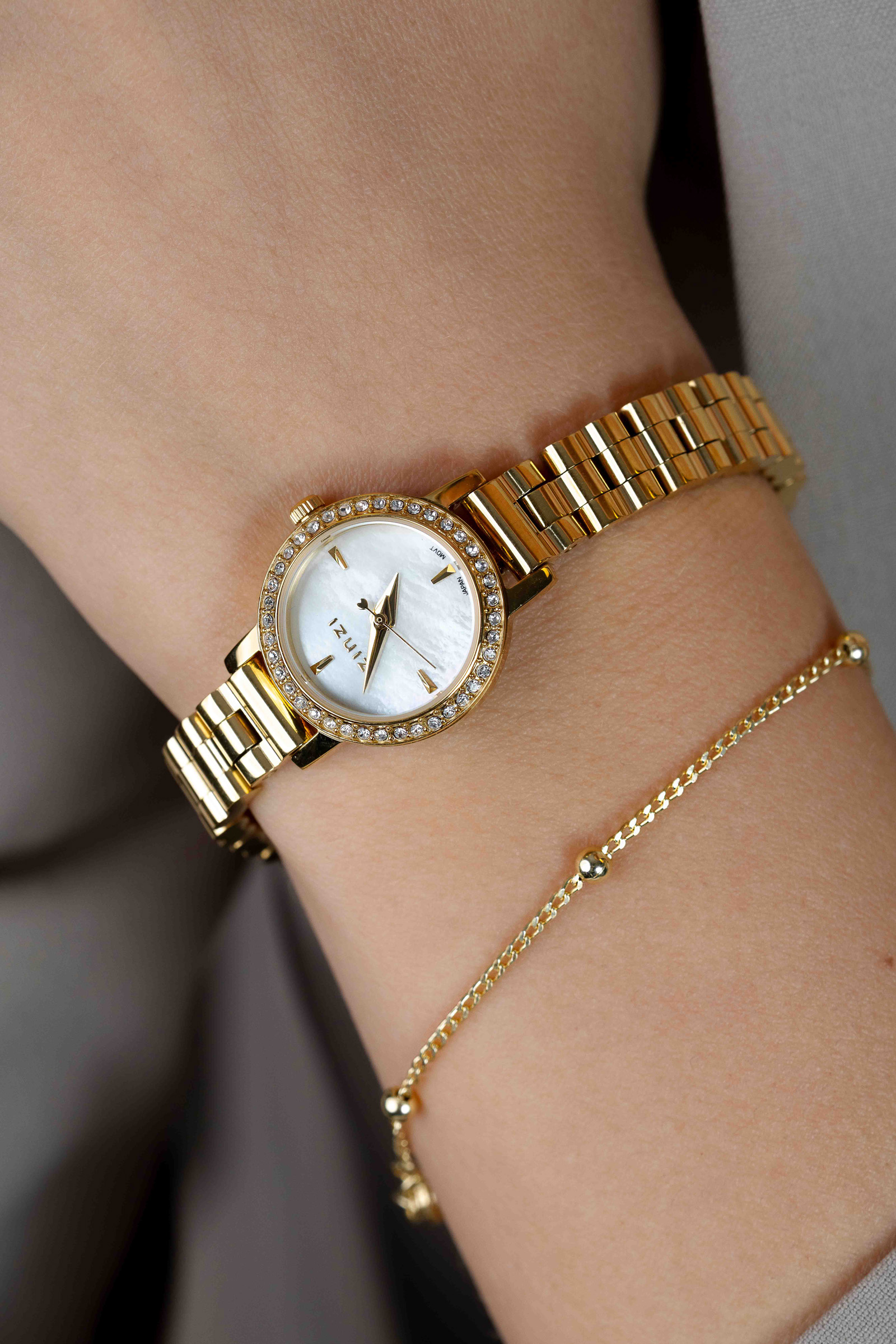 ZINZI Etoile Watch 20mm White Mother-of-Pearl Dial Gold Colored Stainless Steel Case set with white zirconia and Gold Colored Strap ZIW3234